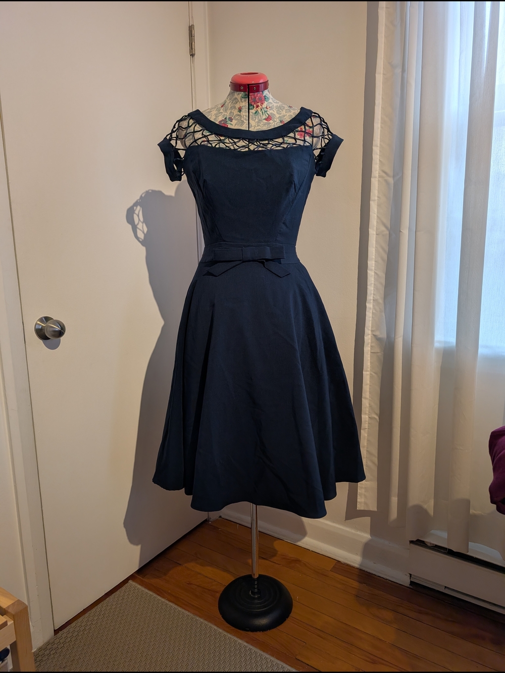 Tatyana Navy Blue Fit-and-Flare Midi Dress with Lattice Yoke Size Medium